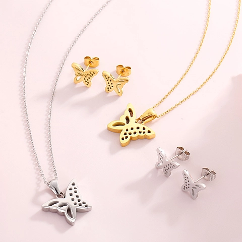 Butterfly Hollow Necklace And Earrings Titanium Steel Jewelry Elegant Minimalist For Women Fashion Accessories