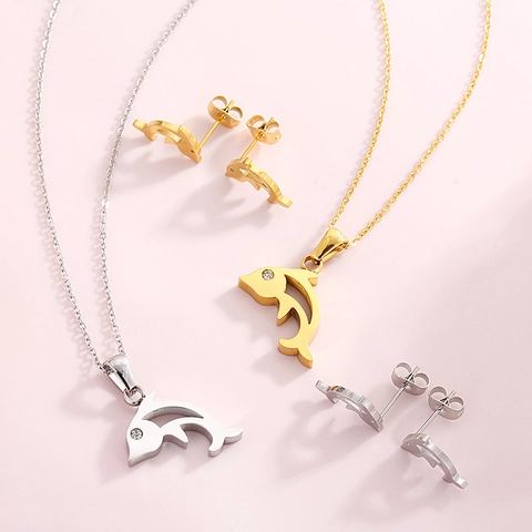 Collar Con Colgante De Delfín Y Pendientes De Acero Inoxidable Con Ojo De Circonita Joyería De Estilo Animal Para Mujer