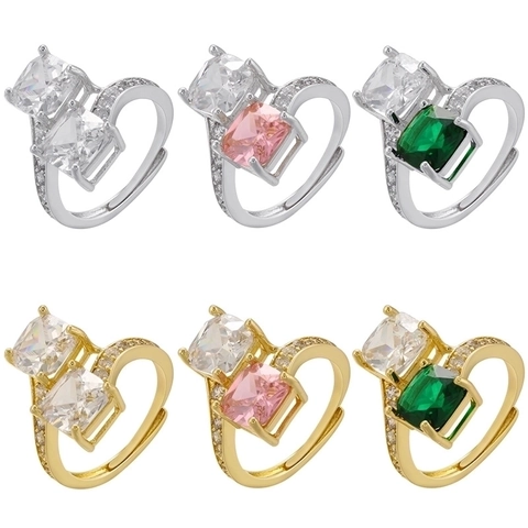 Fashion Copper Square Rhinestone Open Ring For Women Trendy Double Stone Adjustable Finger Ring Gold Silver Rhinestone Jewelry