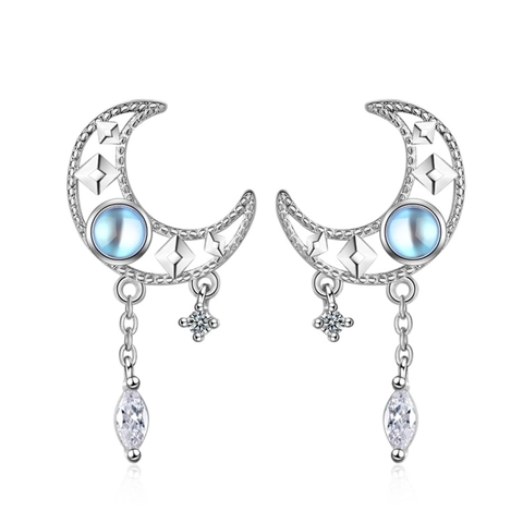 Orecchini A Nappa Luna Cava In Rame Placcato Platino Con Perno Argento Pietra Di Luna Sintetica Zirconi Gioielli Donna