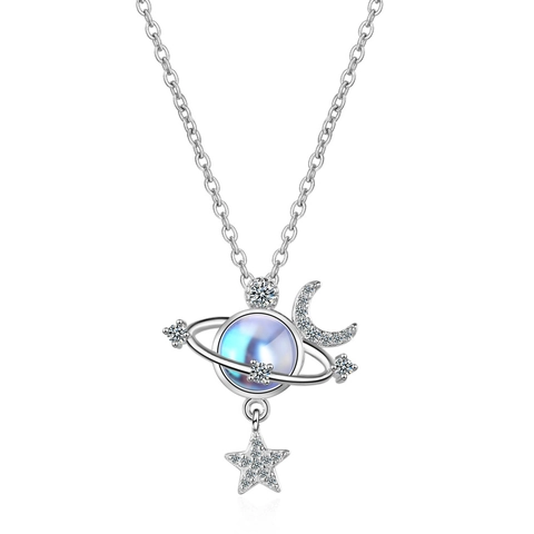 Collana con Pendente Stella Luna Pianeta in Rame per Donna Catena a Clavicola con Strass Placcata Argento Gioielli Stile Ins