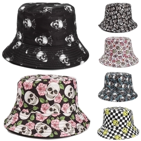 Omkeerbare Vissershoed Katoen Polyester Schedel Roos Print Zonbescherming Streetwear Unisex Buiten Zonnehoed Plat Top