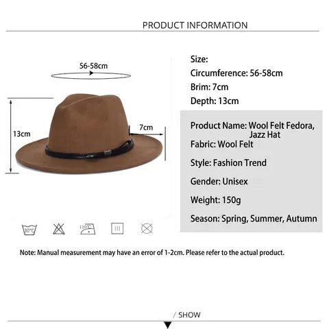 Vintage Woolen Fedora Hat Wide Brim Jazz Top Hat With Leather Belt Buckle Solid Color For Men Women Classic