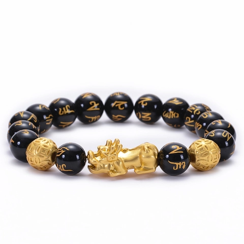 Bracciale Pixiu In Agata Nera Naturale E Ossidiana Feng Shui Fortuna Gioielli Con Perle Mantra Dorate Retro Unisex