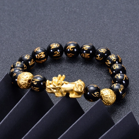 Bracciale Pixiu In Agata Nera Naturale E Ossidiana Feng Shui Fortuna Gioielli Con Perle Mantra Dorate Retro Unisex