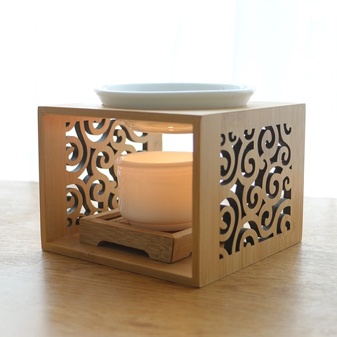 Bamboo Wood Ceramic Essential Oil Burner Hollowed Geometric Tealight Aroma Lamp For Home Spa Yoga Relaxation