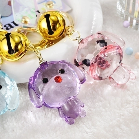 Llavero de Muñeca de Perro Transparente de Cristal Colgante de Acrílico Con Campana Dorada Y Cinta Colorida Para Mochila Mujer Regalo