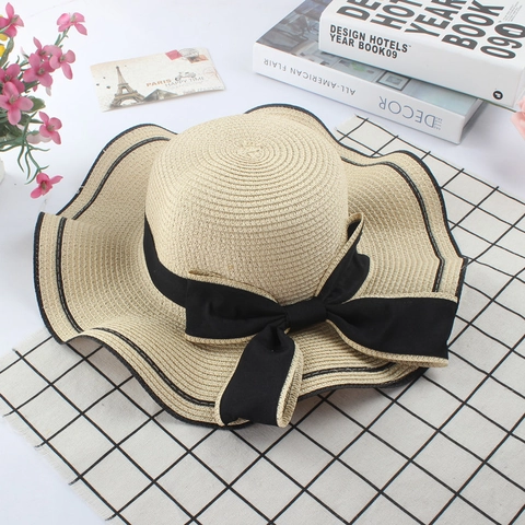 Cappello Di Paglia Elegante Da Donna Stile Hepburn Tesa Larga Ondulata Grande Fiocco Francese Vintage Vacanze Sole