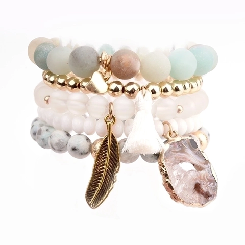 Bohemian Beaded Bracelet Multi-layer Natural Stone Alloy Agate Slice Pendant Leaf Feather Heart Tassel Fashion Women