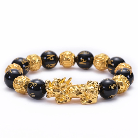 Bracciale Della Ricchezza Feng Shui Agata Nera Naturale Con Pixiu In Lega Dorata E Perline Mantra Per Uomo