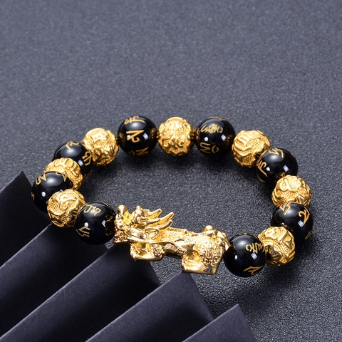 Bracciale Della Ricchezza Feng Shui Agata Nera Naturale Con Pixiu In Lega Dorata E Perline Mantra Per Uomo