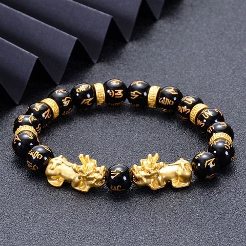 Bracelet En Agate Noire Naturelle Obsidienne Avec Perles Mantra Six Syllabes Et Pi Xiu Doré Feng Shui Richesse Chance