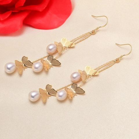 Elegant Butterfly Freshwater Pearl Long Drop Earrings With 925 Sterling Silver Earring Post For Women Handmade Jewelry