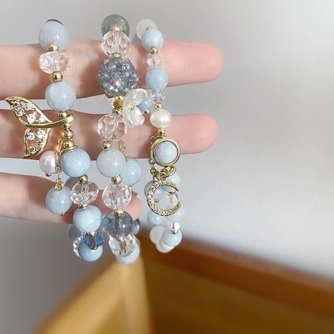 Pulsera De Cuentas De Aguamarina Ágata Blanca Con Dije De Cola De Sirena Luna Flor Bañado En Oro 14K Para Mujeres
