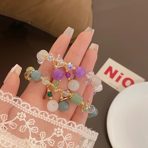 Pulsera De Cuentas Jade Púrpura Verde Cristal Aleación Dijes Dulce Elegante Elástica Cadena Mano Joyería Regalo Mujer