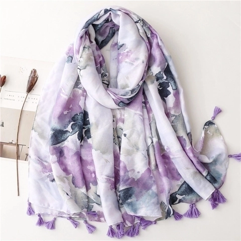 Damen Retro Bohemian Tuschmalerei Blumen Druck Großer Schal Polyester Umschlagtuch Mit Quasten Für Strand Reise Mode