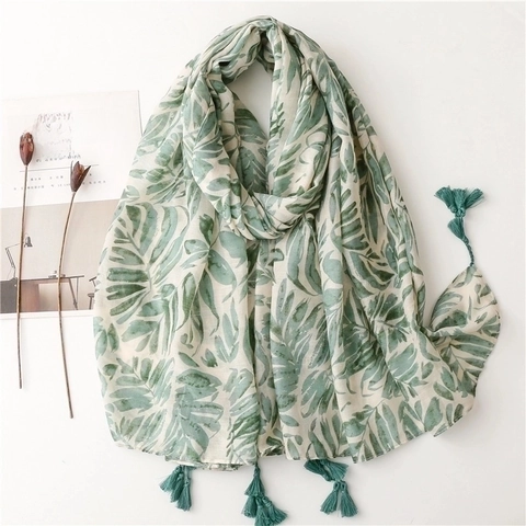 Women Summer Scarf Shawl Tropical Green Leaf Print Tassels Lightweight Sunscreen Beach Travel Wrap Polyester Voile