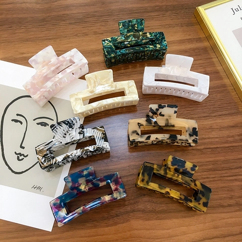 Rectangular Hollow Hair Claw Clip Acetate Resin Marble Tortoiseshell Print Strong Hold French Retro Fashion For Women Girls