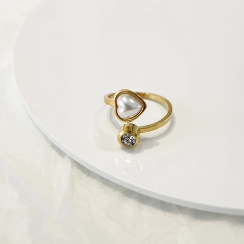 Titanium Steel Open Ring 18K Gold Plated With Heart Artificial Pearl And Zircon Adjustable Minimalist Jewelry For Women