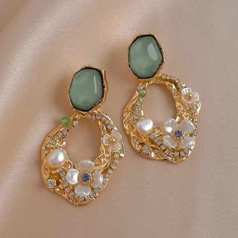 Vintage Flower Drop Earrings French Retro Alloy Resin Imitation Artificial Pearl Rhinestone With 925 Sterling Silver Earring Post