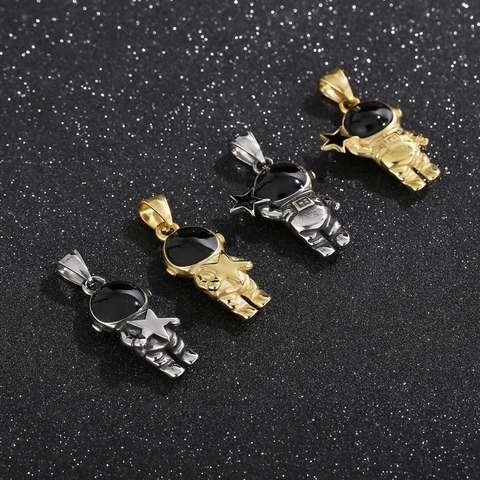 Collar Con Colgante De Astronauta De Acero Inoxidable Con Máscara De Esmalte Negro Hip Hop Astronauta Estrella Joyas