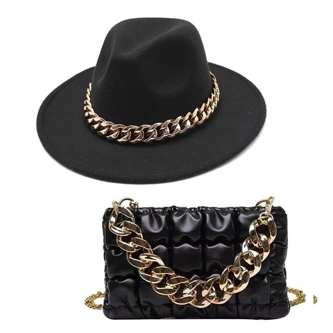 Chapeau Fedora Vintage Avec Décoration Grosse Chaîne Dorée Ensemble Sac Bandoulière Matelassé Assorti Pour Femmes Hommes