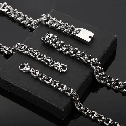 Skull Bracelet Men Stainless Steel Punk Gothic Skeleton Retro Jewelry Vintage Link Chain