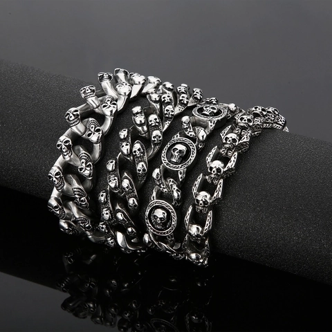 Skull Bracelet Men Stainless Steel Punk Gothic Skeleton Retro Jewelry Vintage Link Chain