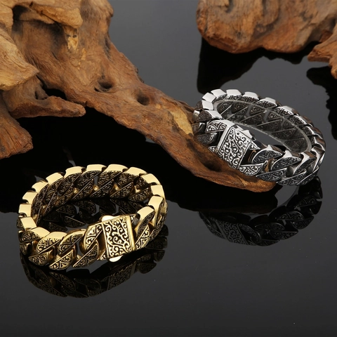 Bracciale Cuban Link Da Uomo Acciaio Inossidabile 316L Retro Motivo Totem Intagliato Gioielli Catena Robusta