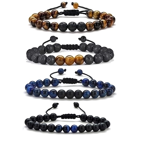 Pulsera De Cuentas Ojo De Tigre Piedra De Lava Onix Negro Mate Cordon Trenzado Ajustable Boho Joyeria Hecha A Mano Hombre