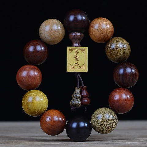 Multi Color Natural Wood Bead Bracelet With Gourd Charm Zen Buddhist Prayer Ethnic Style Men Women Hand Polished