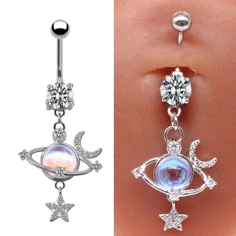 Planet Moon Star Dangle Belly Ring 316L Stainless Steel Copper Cubic Zirconia Iridescent Body Piercing Jewelry For Women