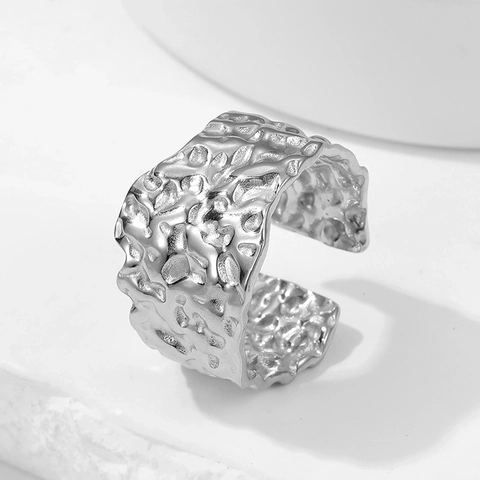 Anillo Abierto De Acero Inoxidable Martillado Irregular Textura Arrugada Minimalista Joyería De Dedo Ajustable Mujeres Hombres