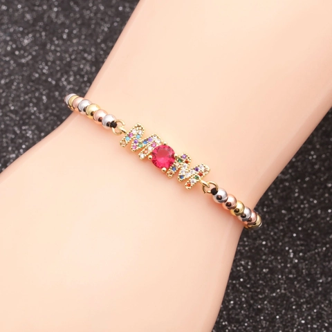 Bracciale Di Perline Regolabile Rame Micro Intarsiato Zircone MOM Croce Malocchio Cuore Infinito Gioielli Boho Donna