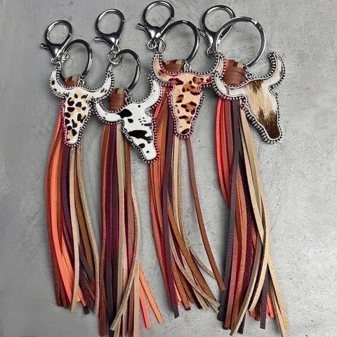 Bull Head Tassel Keychain Leather Bag Charm Western Cowboy Style Animal Print Bohemian Accessories Microfiber Cowhide