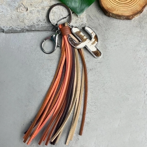 Southwest Style Leather Cactus Tassel Keychain Vintage Cowhide Alloy Bag Pendant Leopard Cow Print Key Ring For Women