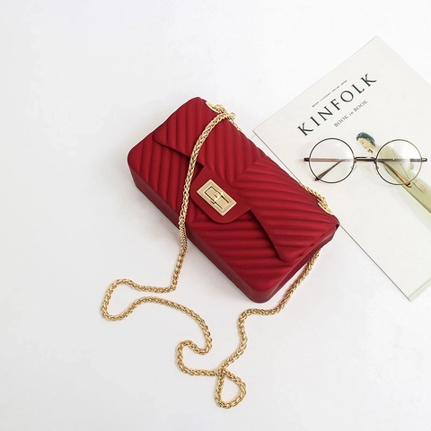 Damen Umhängetasche V-Muster Matte PVC Jelly Tasche Goldene Kette Drehverschluss Koreanische Schultertasche