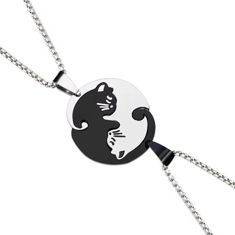 Puzzle Cat Pendant Necklace Stainless Steel Matching Heart Yin Yang Jewelry For Couples Best Friends Anniversary Gift