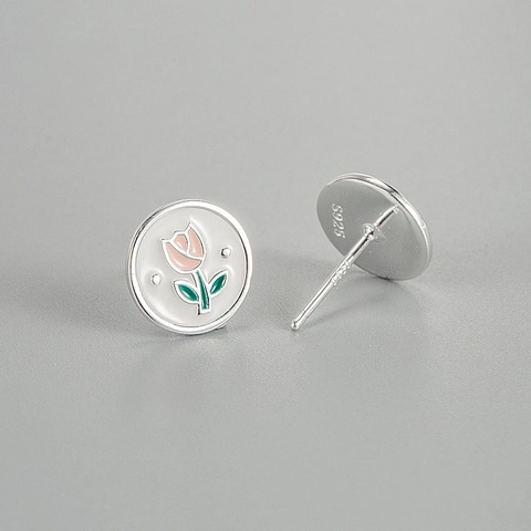 S925 Sterlingsilber Tulpe Blume Ohrstecker Vintage Französischer Stil Emaille Tropföl Rund Schmuck Damen Elegante Blumen Ohrringe