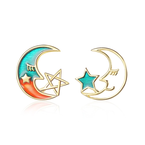 Boucles d'Oreilles Clous Asymétriques Lune Étoile Style Coréen Cuivre Plaqué Or Émail Bijoux Pour Femmes Cadeau