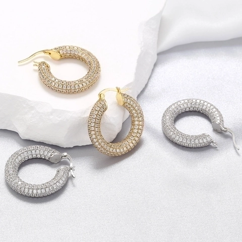 Chunky Hoop Earrings 18K Gold Plated Copper With Pave Cubic Zirconia INS Style Elegant Jewelry For Women