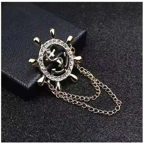 Spilla Timone Ancora Nautica Lega Strass Doppia Catena Nappina Spilla Da Bavero Abito Gioielli Unisex