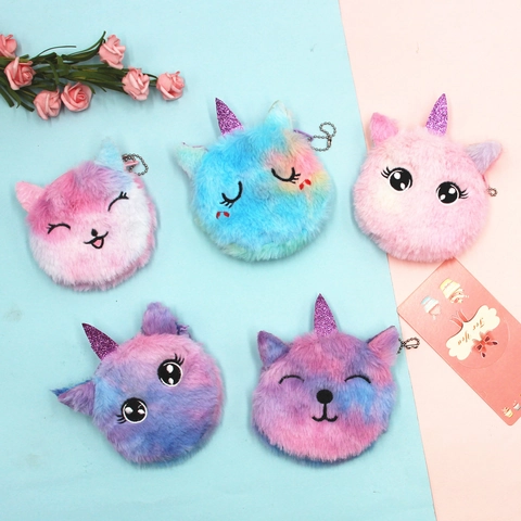 Unicorn Cat Plush Coin Purse Mini Zipper Pouch Sequin Horn Metal Keychain Pendant Kids Girls Cute Animal Small Bag