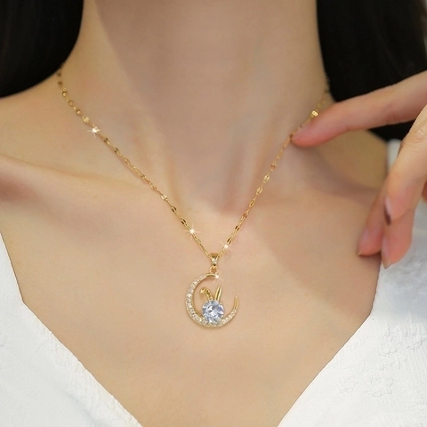 Luxe Halve Maan Konijn Hanger Ketting Titanium Staal Ketting Koper Micro Pave Strass Sleutelbeen Ketting Dames