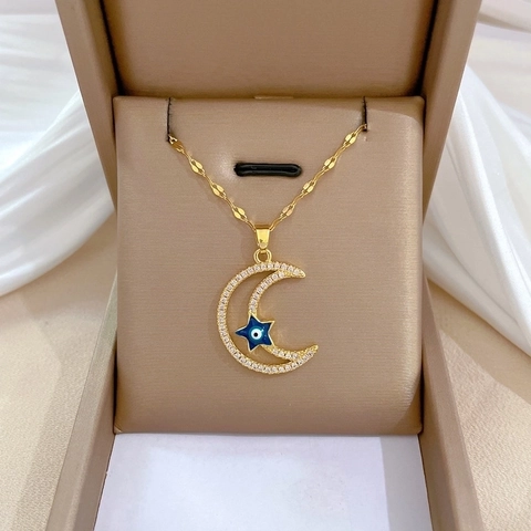 Elegante Ster En Halve Maan Hanger Halsketting Roestvrij Staal En Koper Met Blauw Boze Oog Zirkonia Trendy Luxe Vrouwen