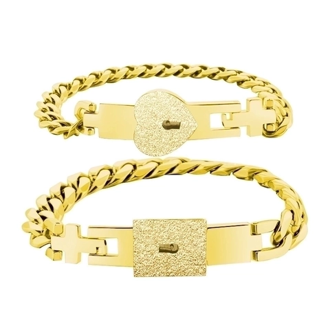 Pulseras De Eslabones Cubanos De Acero Inoxidable Con Dijes De Candado De Corazón Y Rectangular Esmerilados Para Parejas