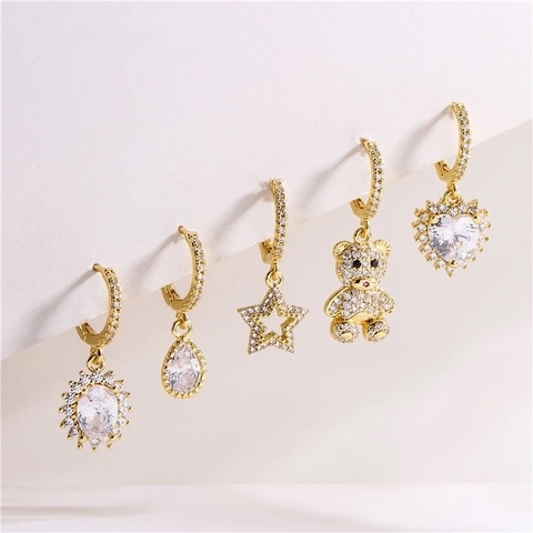 Sparkling Dangle Hoop Earrings Copper Gold Plated With White Cubic Zirconia Waterdrop Heart Star For Women Elegant