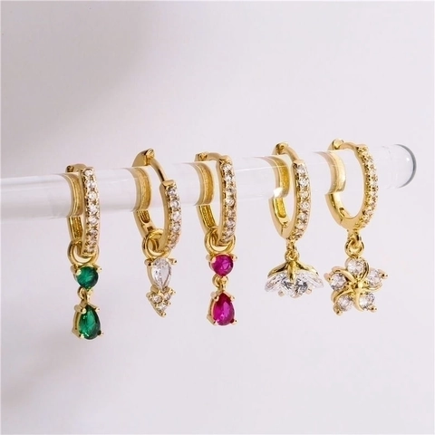 Elegant Copper Hoop Drop Earrings Sparkling Zirconia Geometric Floral Waterdrop Fashion Jewelry Women Daily Accessories