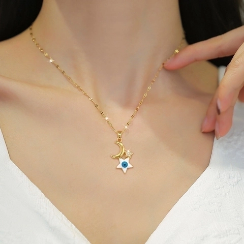 Evil Eye Moon Star Pendant Necklace Titanium Steel Copper Gold Plated Enamel Zirconia Elegant Jewelry For Women