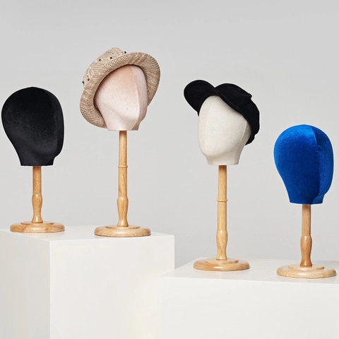 Mannequin Head Hat Stand Velvet Fabric Head Model With Solid Wood Base For Wigs Scarves Sunglasses Display Props Boutique Store